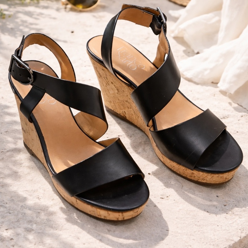 Franco Sarto Black Leather Cork Wedge Sandals Size 6
